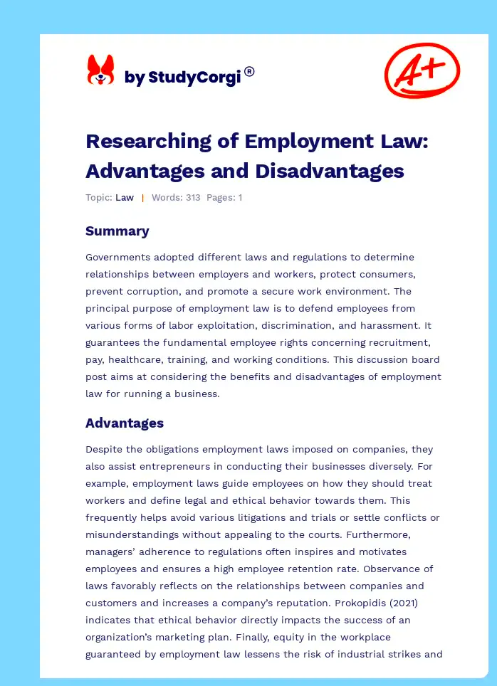 Researching of Employment Law Advantages and Disadvantages  Free