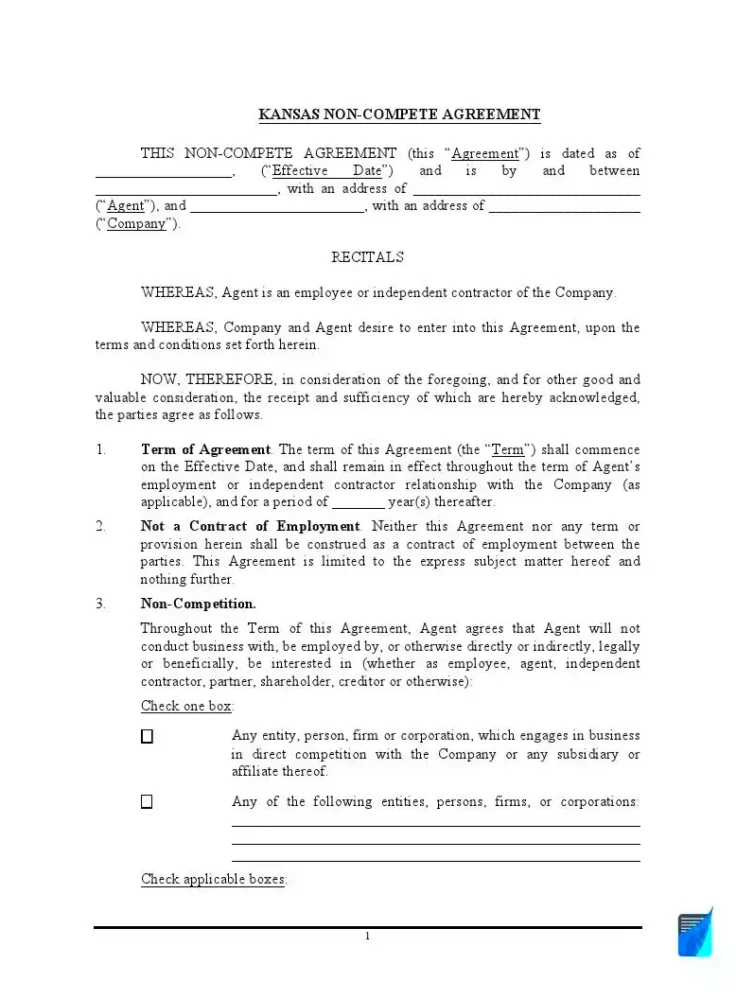 Kansas Noncompete Agreement Template and Laws