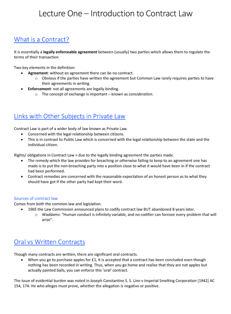 Introduction to Contract Law Lecture 1 notes  Lecture One