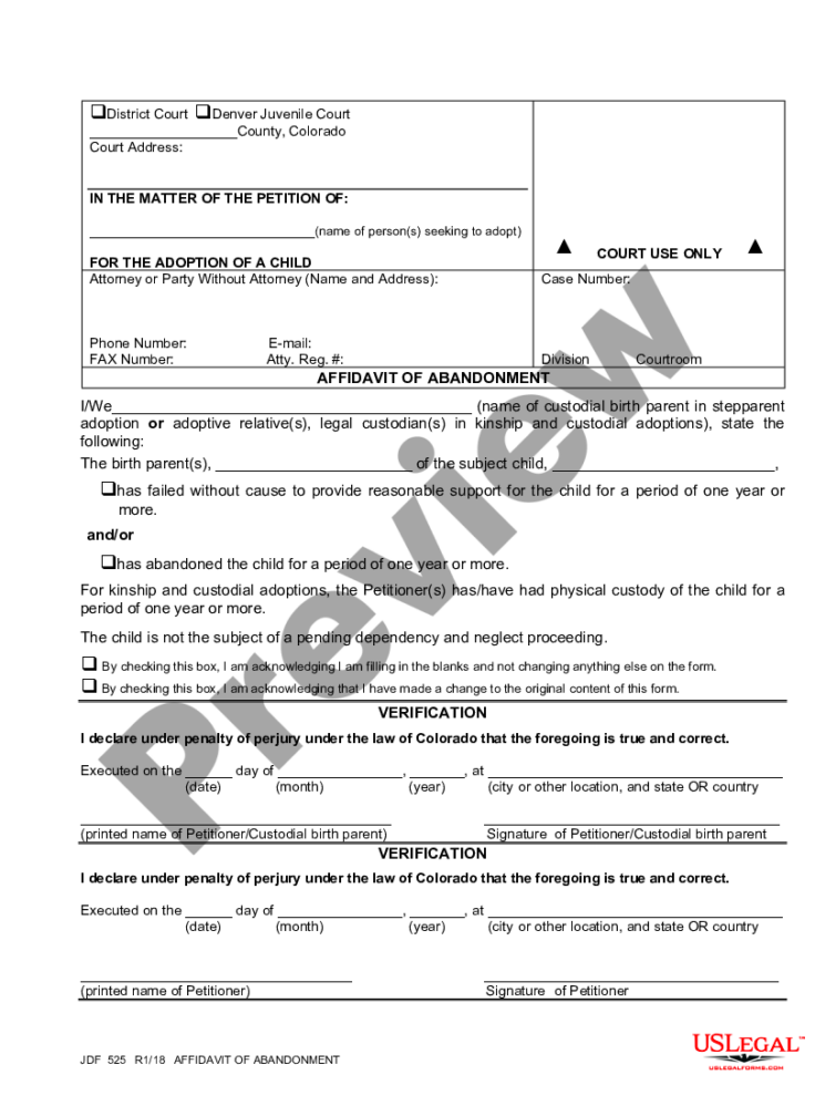 Colorado Affidavit of Abandonment  US Legal Forms