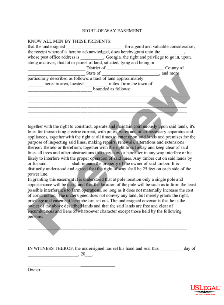 Georgia Right of Way Easement For Power Lines  Right Of Way  US Legal