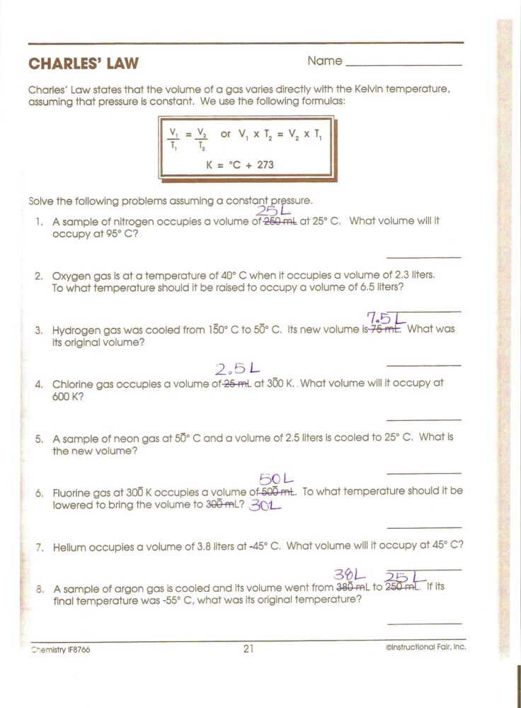 Charles Law Worksheet With Answers