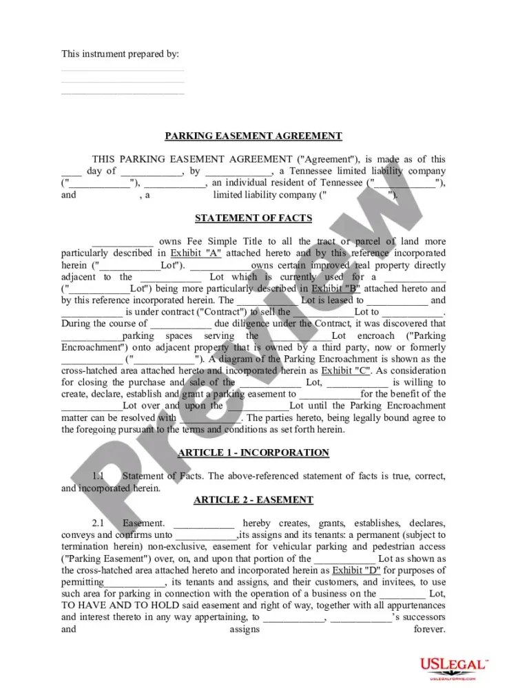 Tennessee Parking Easement Agreement  Parking Easement  US Legal Forms