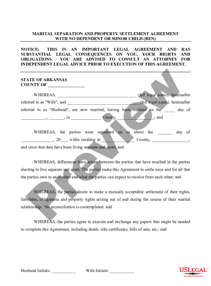 Arkansas Marital Legal Separation and Property Settlement Agreement for