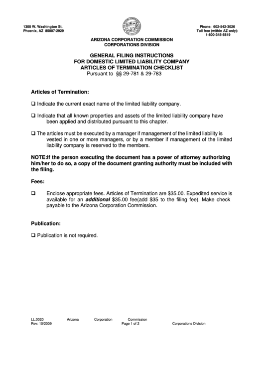 Form Ll0020  Articles Of Termination  Arizona Corporation Commission