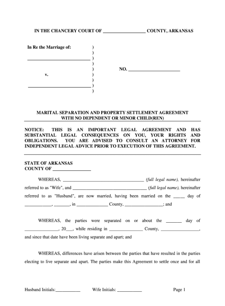 Arkansas Marital Legal Separation and Property Settlement Agreement