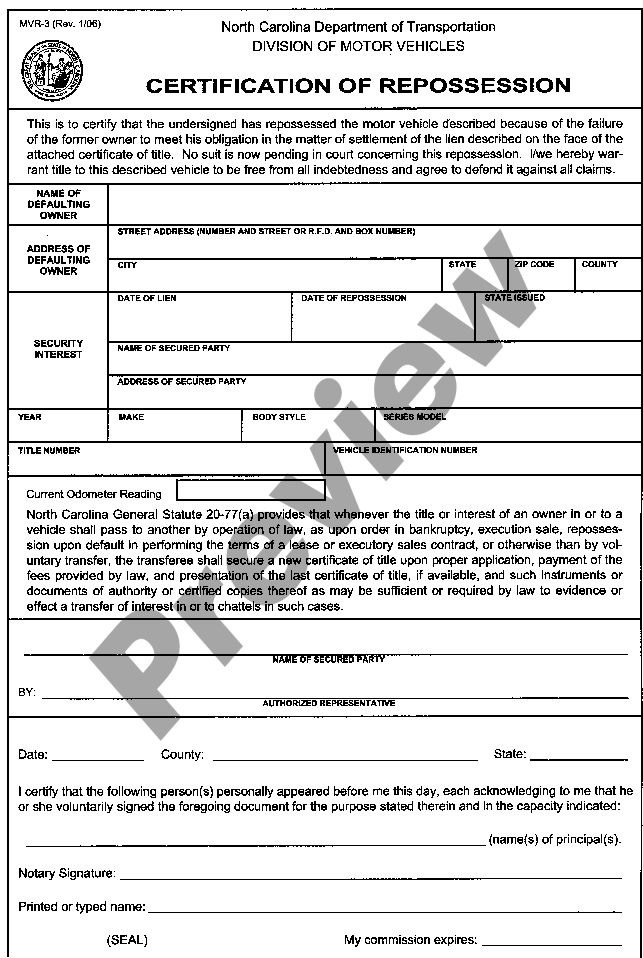 North Carolina Certification of Repossession  Mvr 3  US Legal Forms