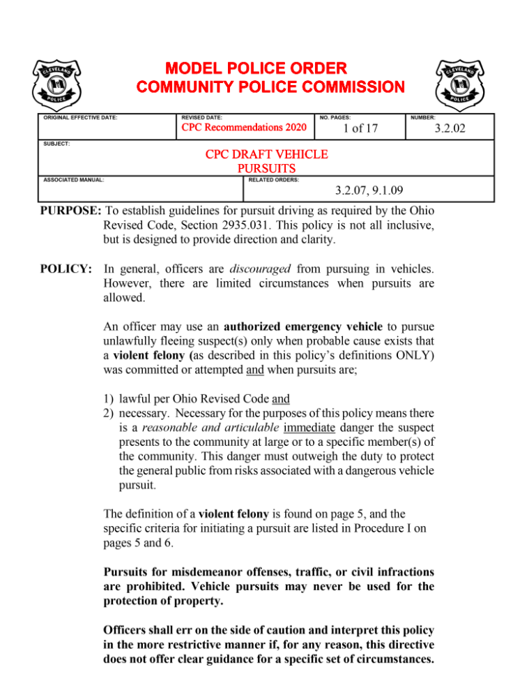 Vehicle Pursuit Policy Recommendations  Cleveland Community Police