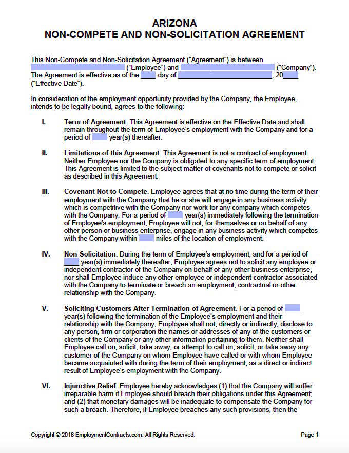 Arizona NonCompete  NonSolicitation Agreement  PDF  Word