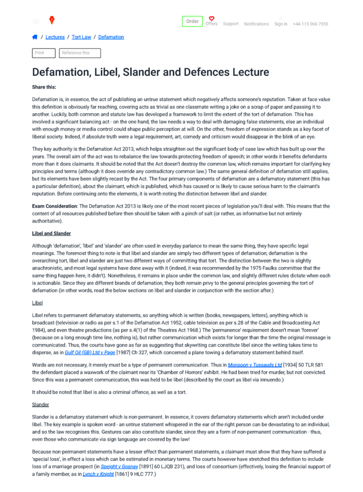 Defamation Lecture  Great  LecturesTort LawDefamation Print