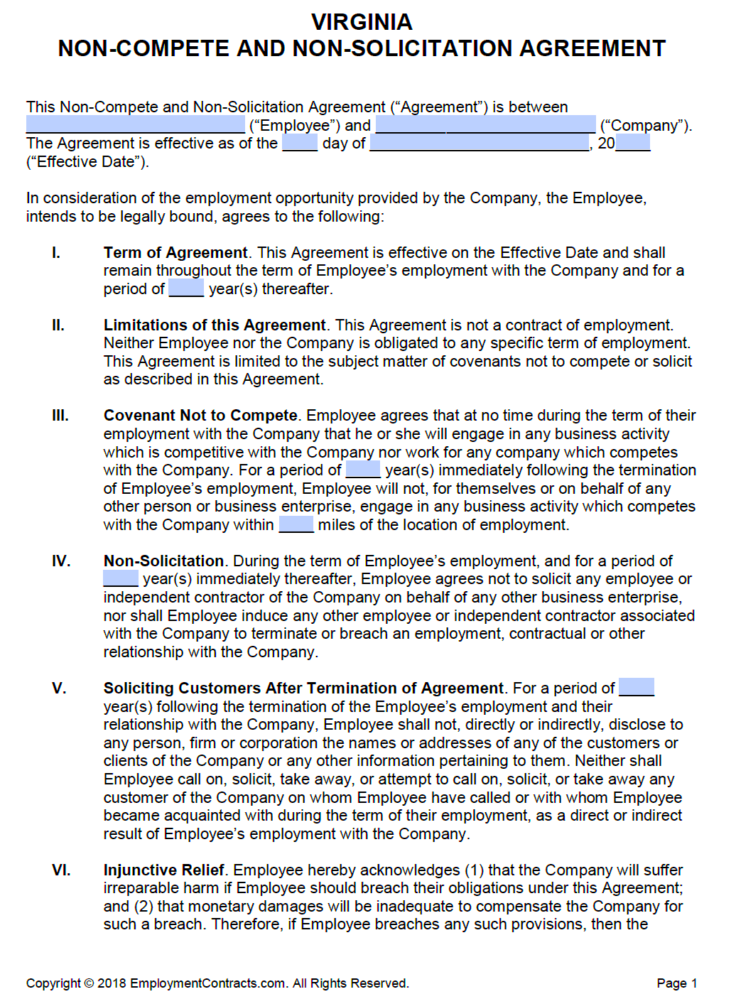 Virginia NonCompete  NonSolicitation Agreement  PDF  Word