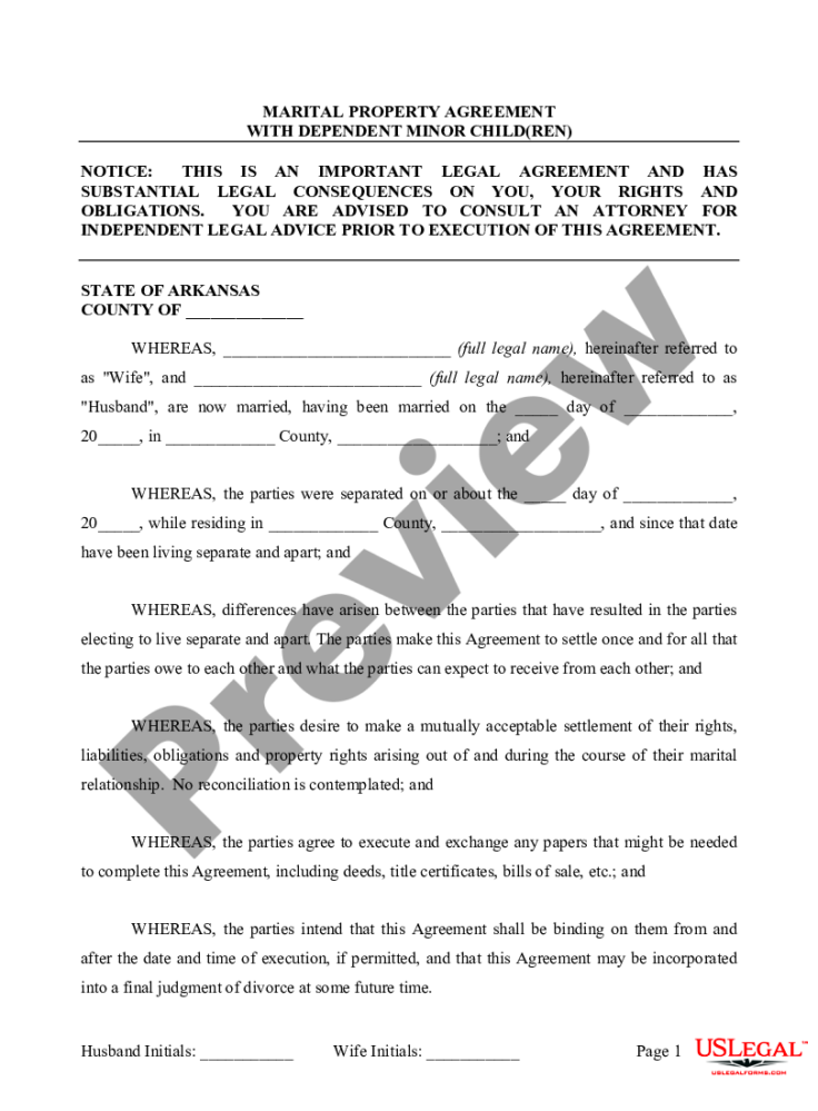 Arkansas Marital Legal Separation and Property Settlement Agreement