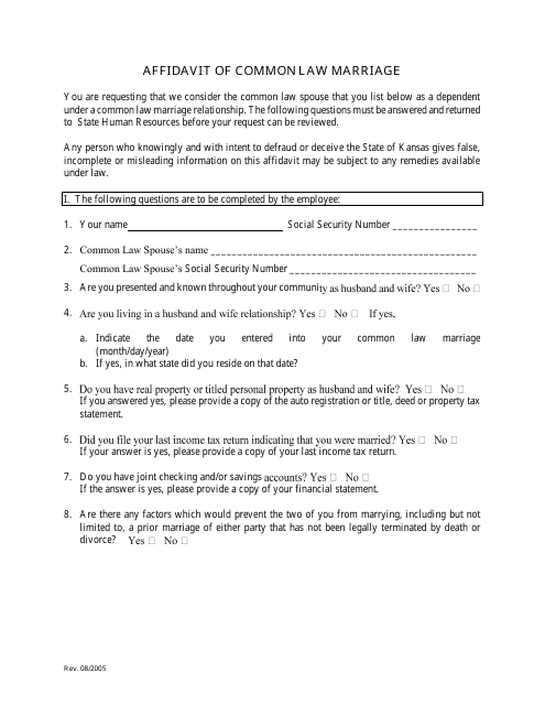 Kansas Affidavit of Common Law Marriage  Fill Out Sign Online and