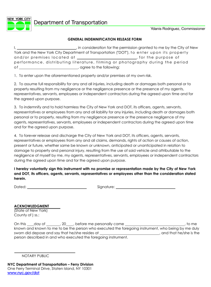 New York City General Indemnification Release Form  Fill Out Sign