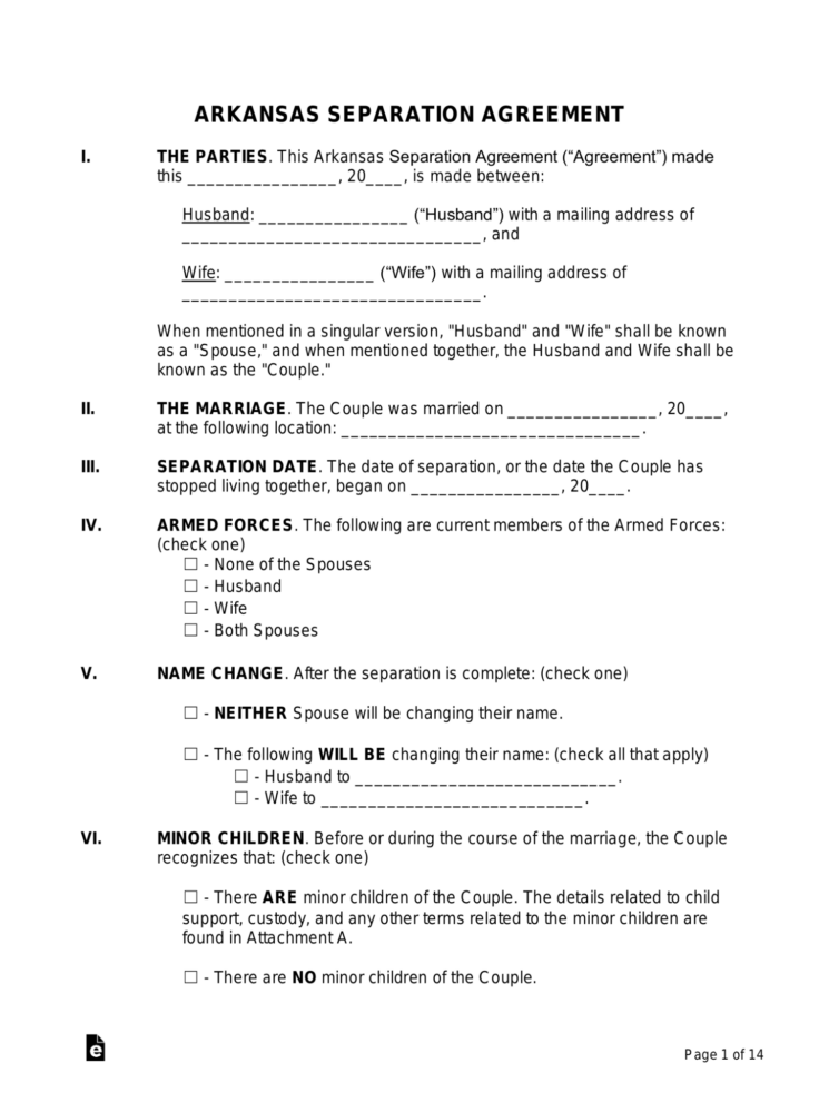 Free Arkansas Separation Agreement Template  PDF  Word  eForms