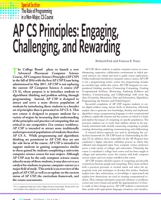 AP CS principles engaging challenging and rewarding ACM Inroads