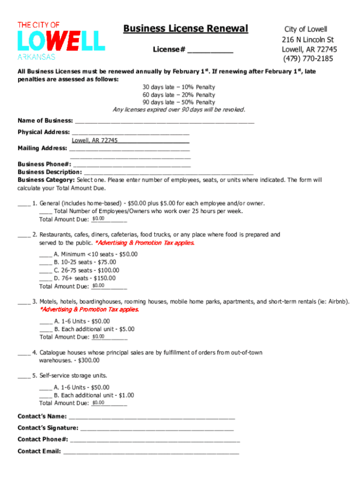 AR Business License Renewal  City Of Lowell 20202022  Fill and Sign