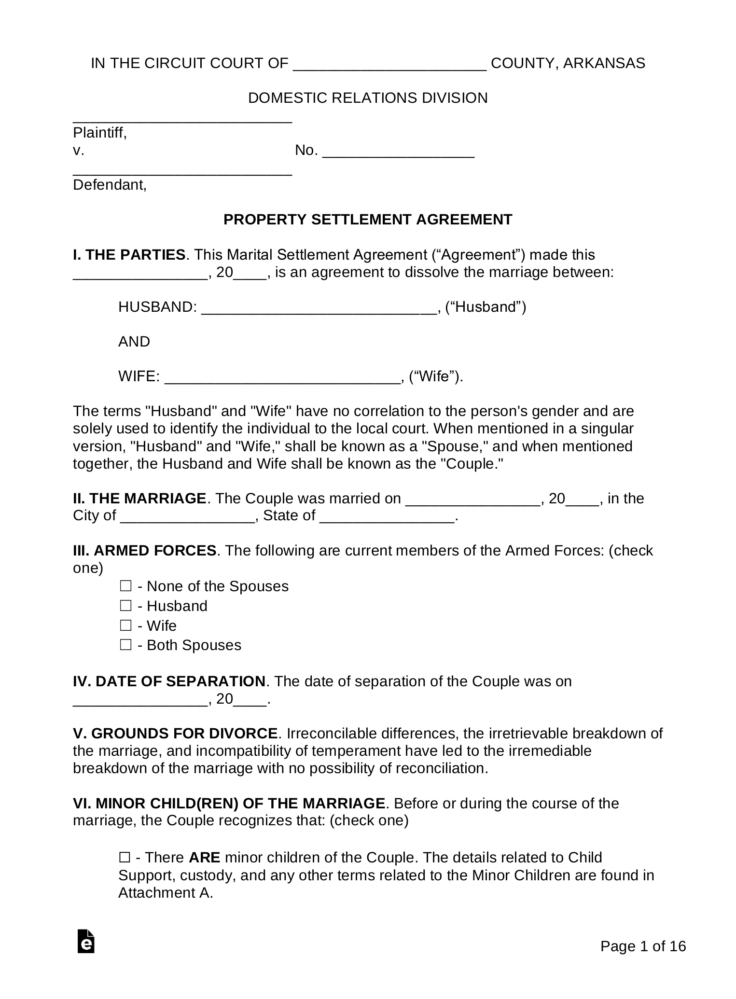 Free Arkansas Marital Settlement Divorce Agreement  Word  PDF  eForms