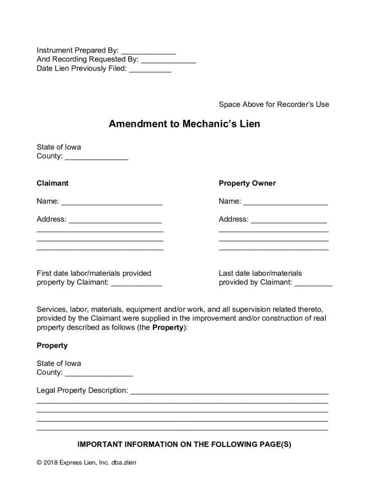 Iowa Amendment of Lien Form  Free Downloadable Template