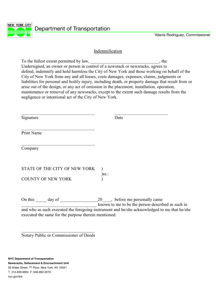 New York City Indemnification  Fill Out Sign Online and Download PDF