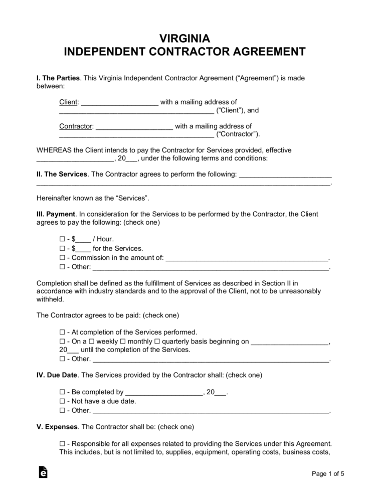 Free Virginia Independent Contractor Agreement Template  PDF  Word