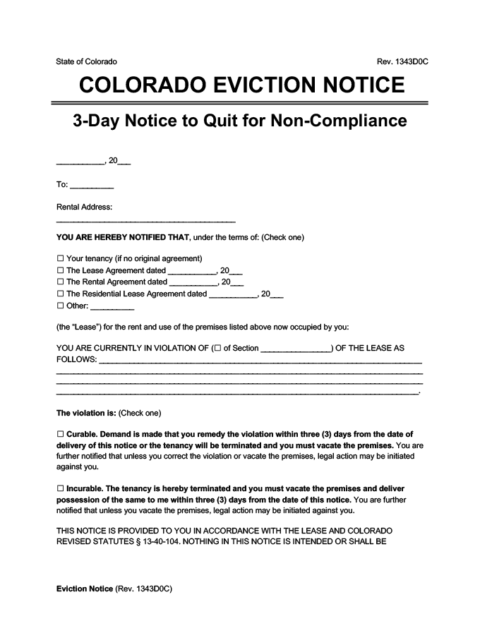 Free Colorado Eviction Notice Forms  PDF  Word Downloads