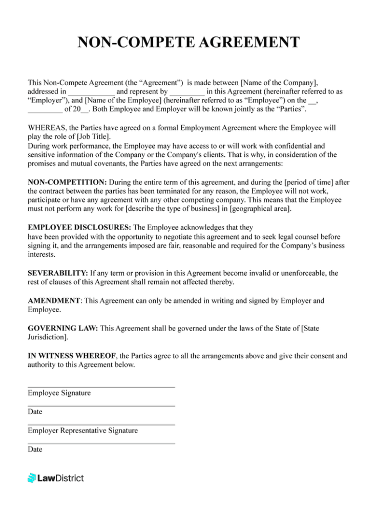 Free NonCompete Agreement  PDF Template  Sample  LawDistrict