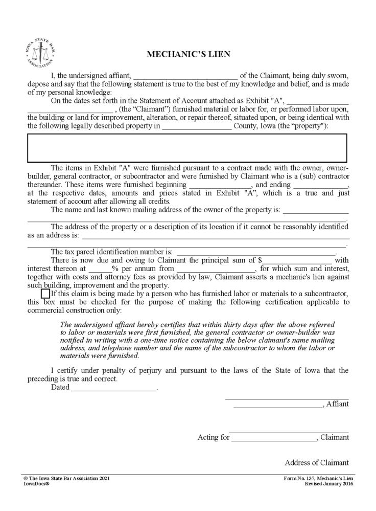 Free Iowa Mechanics Lien Form  PDF