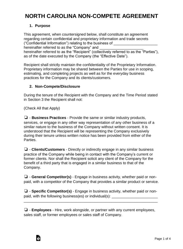 Free North Carolina NonCompete Agreement Template  PDF  Word  eForms