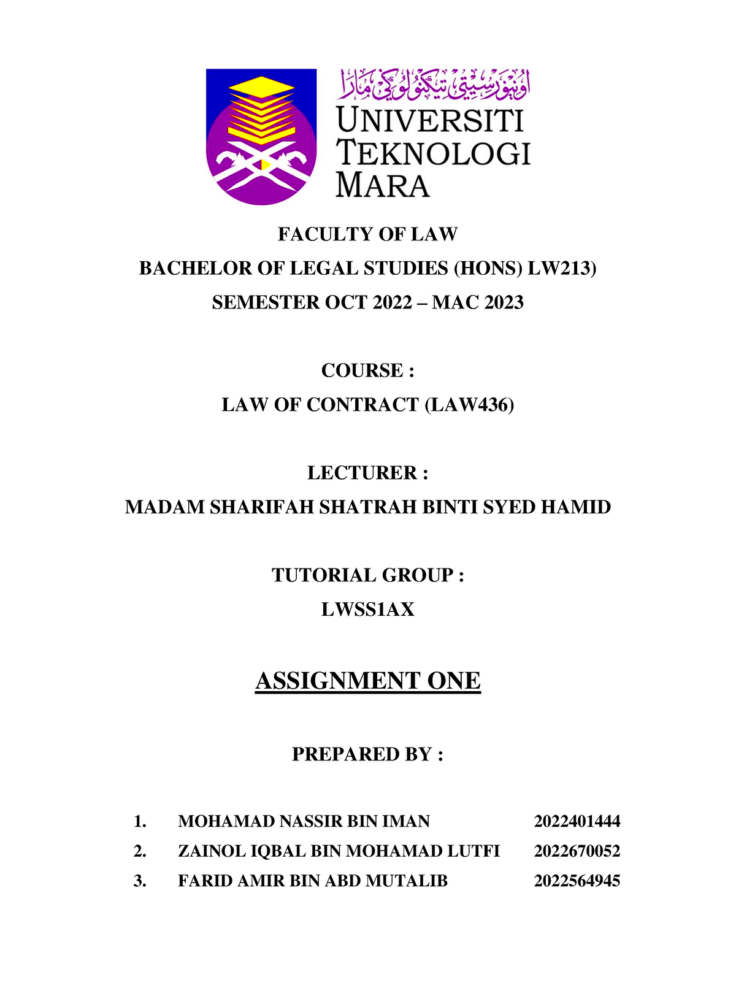 Assignment Law Of Contract LAW436 Oct22Mac23 LWSS1AX  FACULTY OF LAW