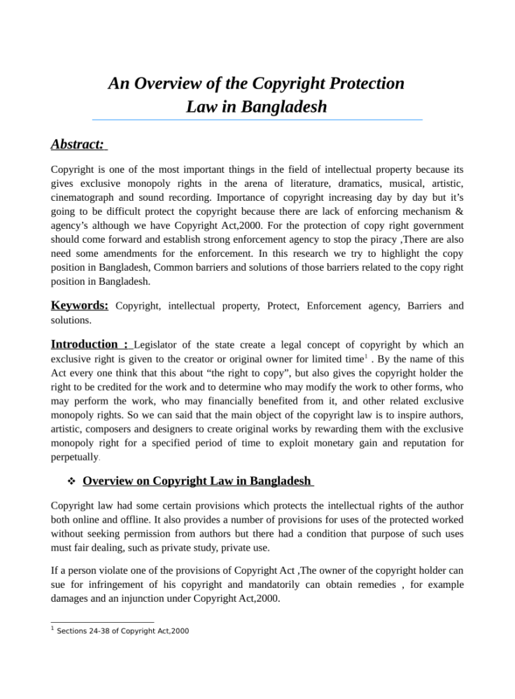 PDF An Overview of the Copyright Protection Law in Bangladesh