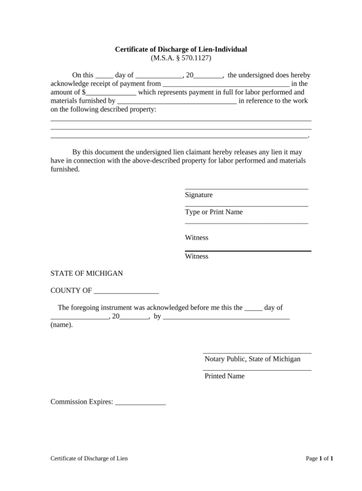 Michigan release of lien form Fill out  sign online  DocHub