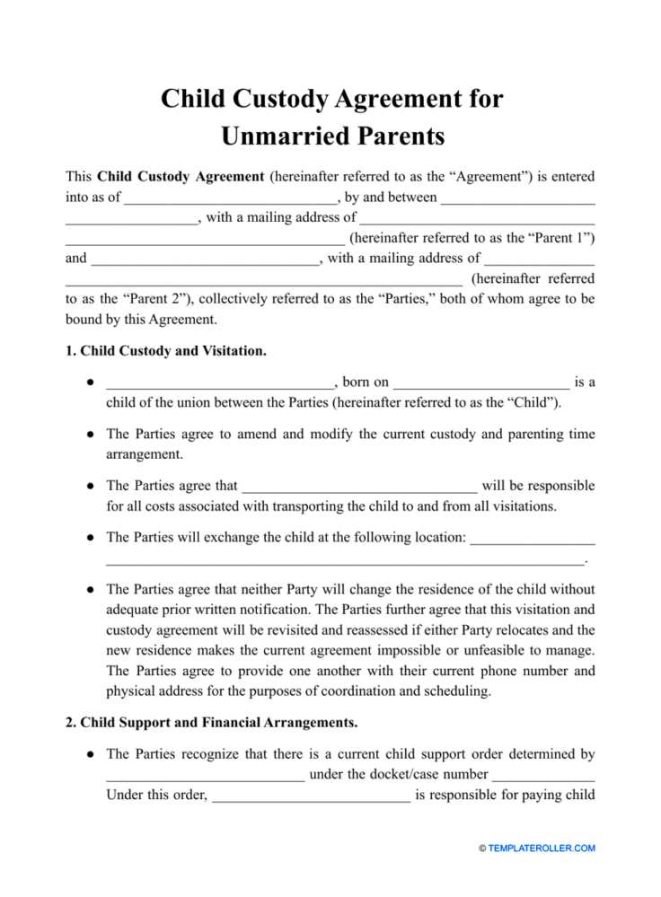 Child Custody Agreement for Unmarried Parents Template  Fill Out Sign